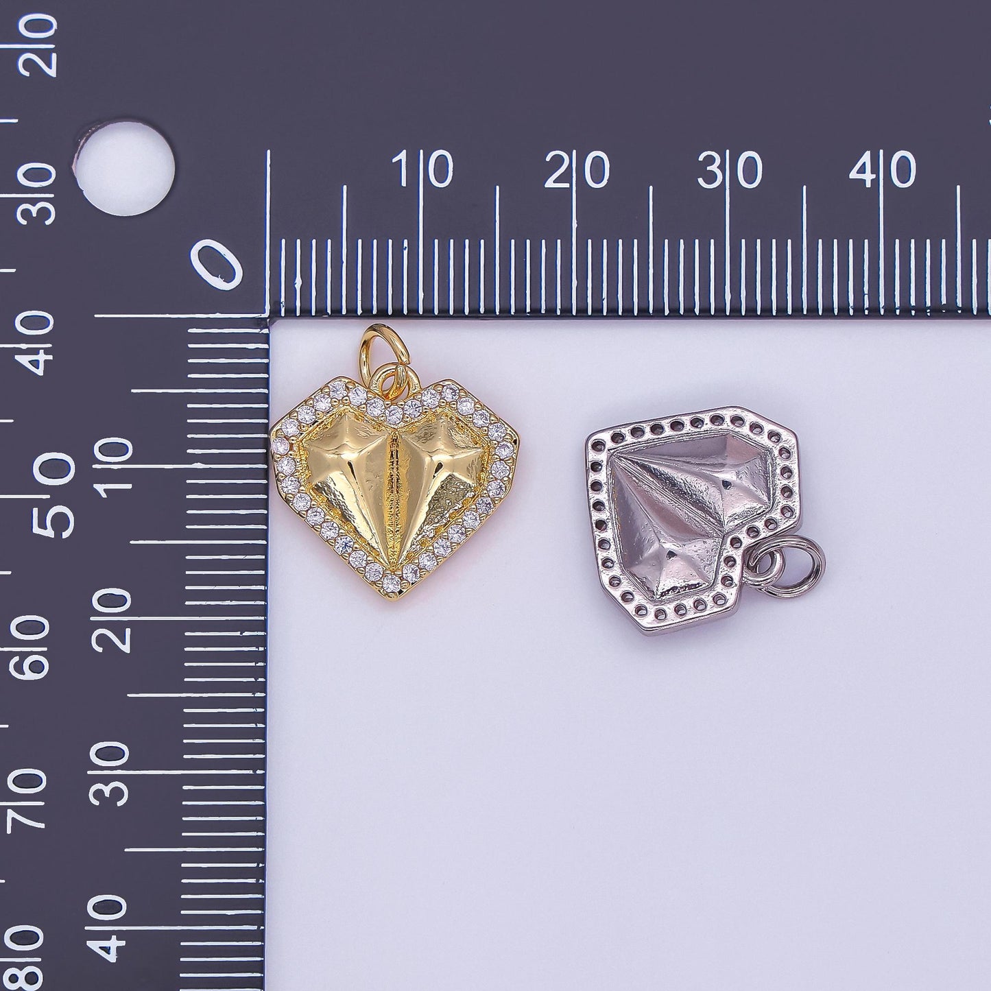24K Gold Filled Geometric Edged Heart Micro Paved CZ Charm in Gold & Silver | N097
