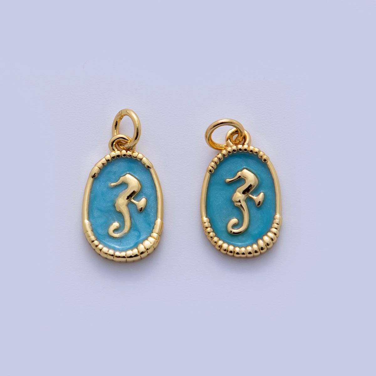 18K Gold Filled Sea Horse Blue Enamel Oblong Charm | AF309