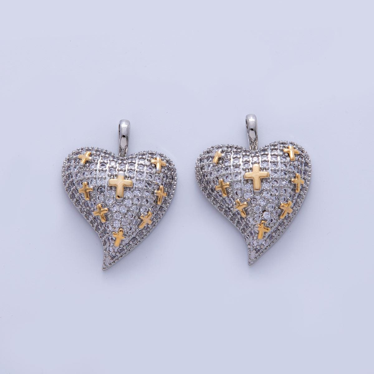 Mixed Metal Micro Paved CZ Cross Heart Chubby Pendant | AH718