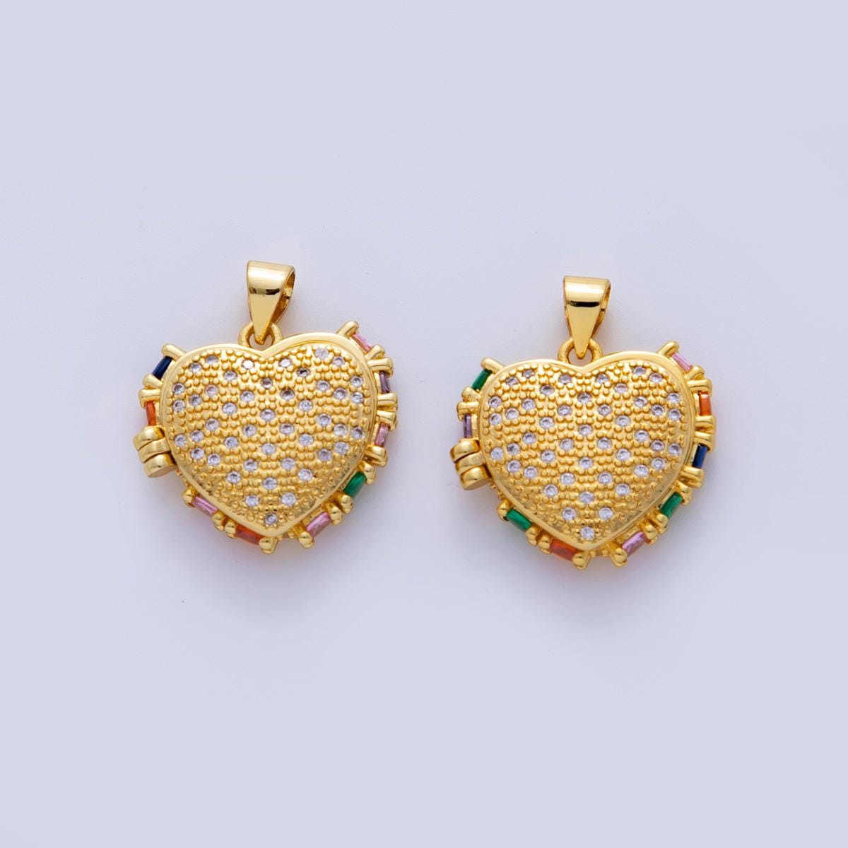 18K Gold Filled Baguette Multicolor Micro Paved CZ Heart Locket Pendant | AH719