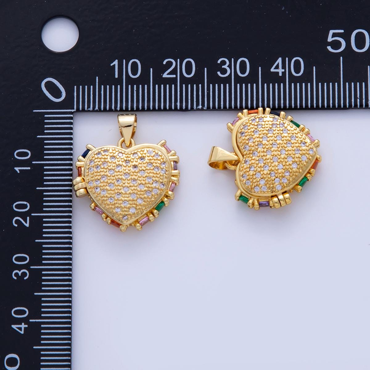 18K Gold Filled Baguette Multicolor Micro Paved CZ Heart Locket Pendant | AH719