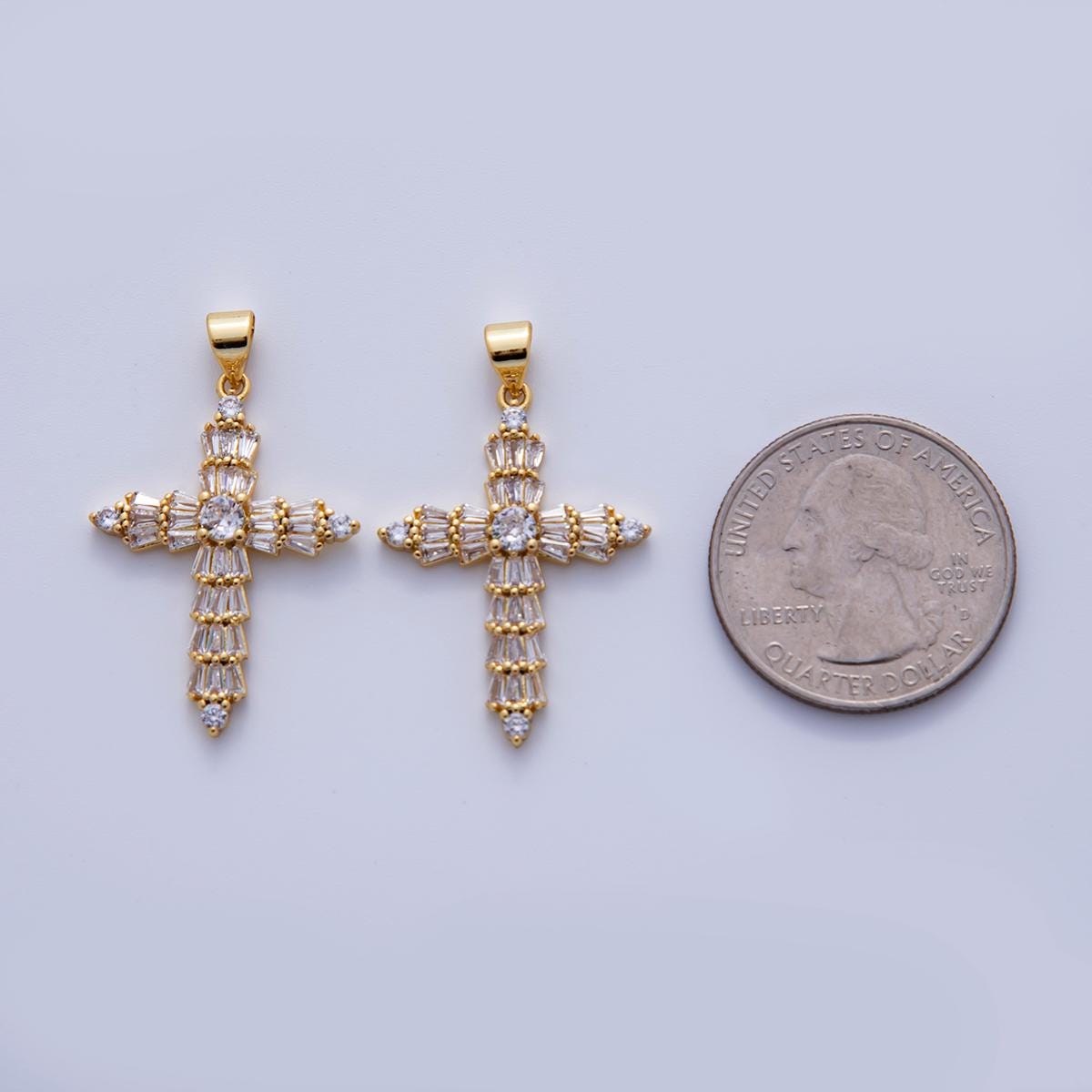 24K Gold Filled Baguette CZ Religious Cross Pendant | AH723
