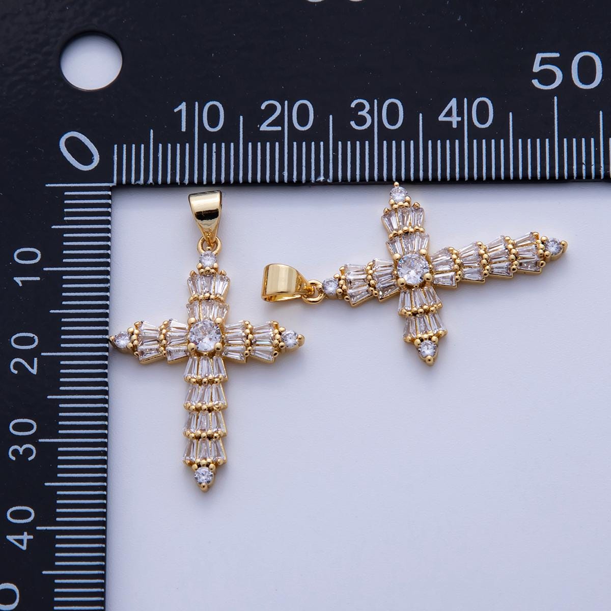 24K Gold Filled Baguette CZ Religious Cross Pendant | AH723