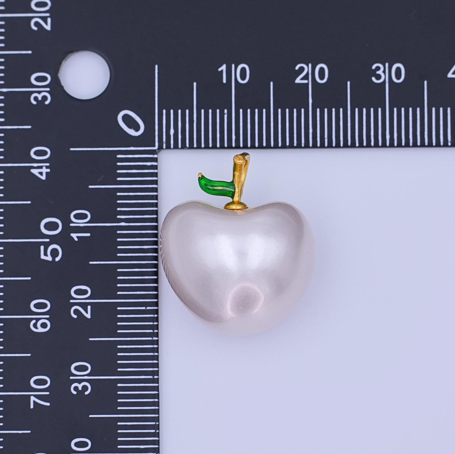 White Apple Pearl Charm with Green Leaf and Gold Filled Bail Kawaii Fruit Pendant for Necklace Bracelet Jewelry Making Supplies AH428