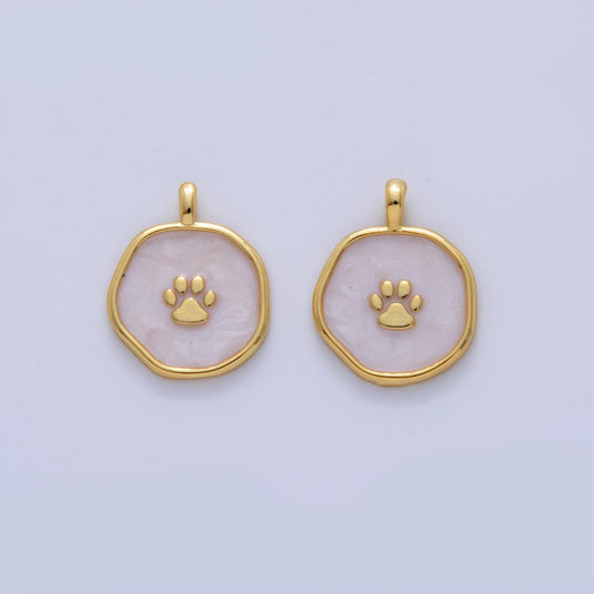 18K Gold Filled 15mm Animal Paw Print White Enamel Round Pendant | AH726
