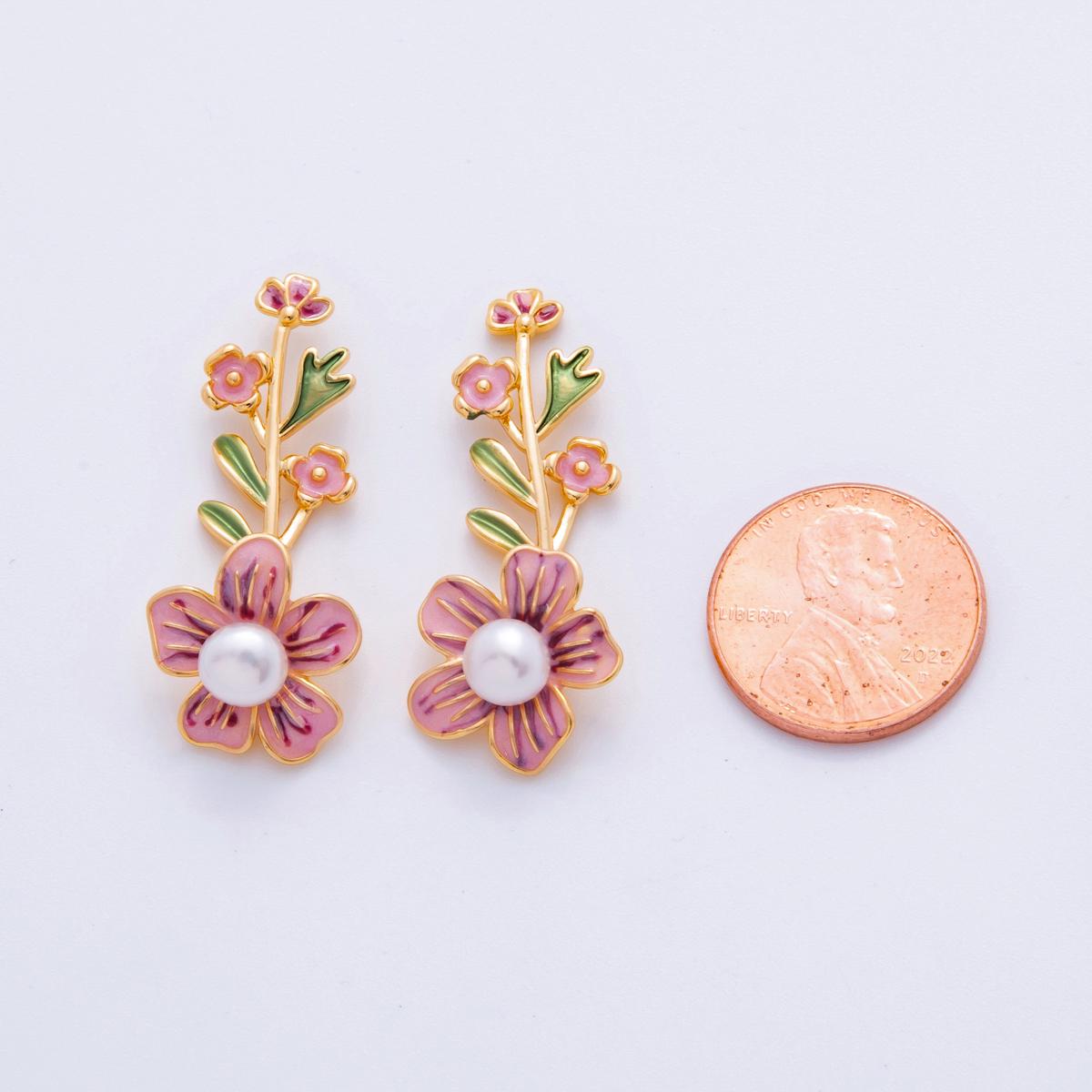 18K Gold Filled Shell Pearl Pink Flower Plant Enamel Pendant | AH713