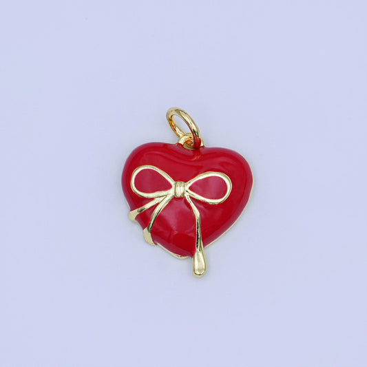 24K Gold Filled 15mm Ribbon Bow Heart Red Enamel Pendant | W523