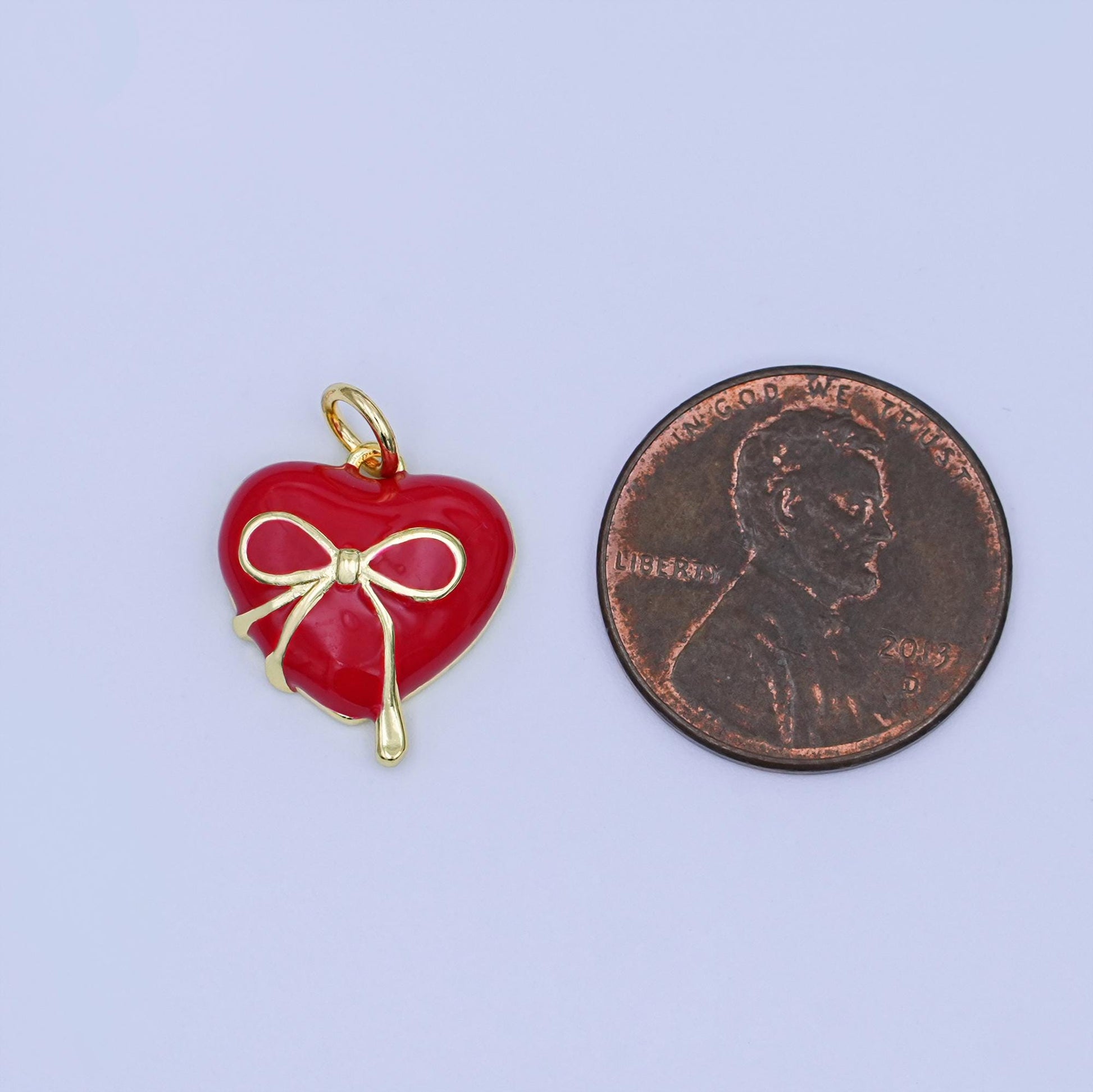 24K Gold Filled 15mm Ribbon Bow Heart Red Enamel Pendant | W523