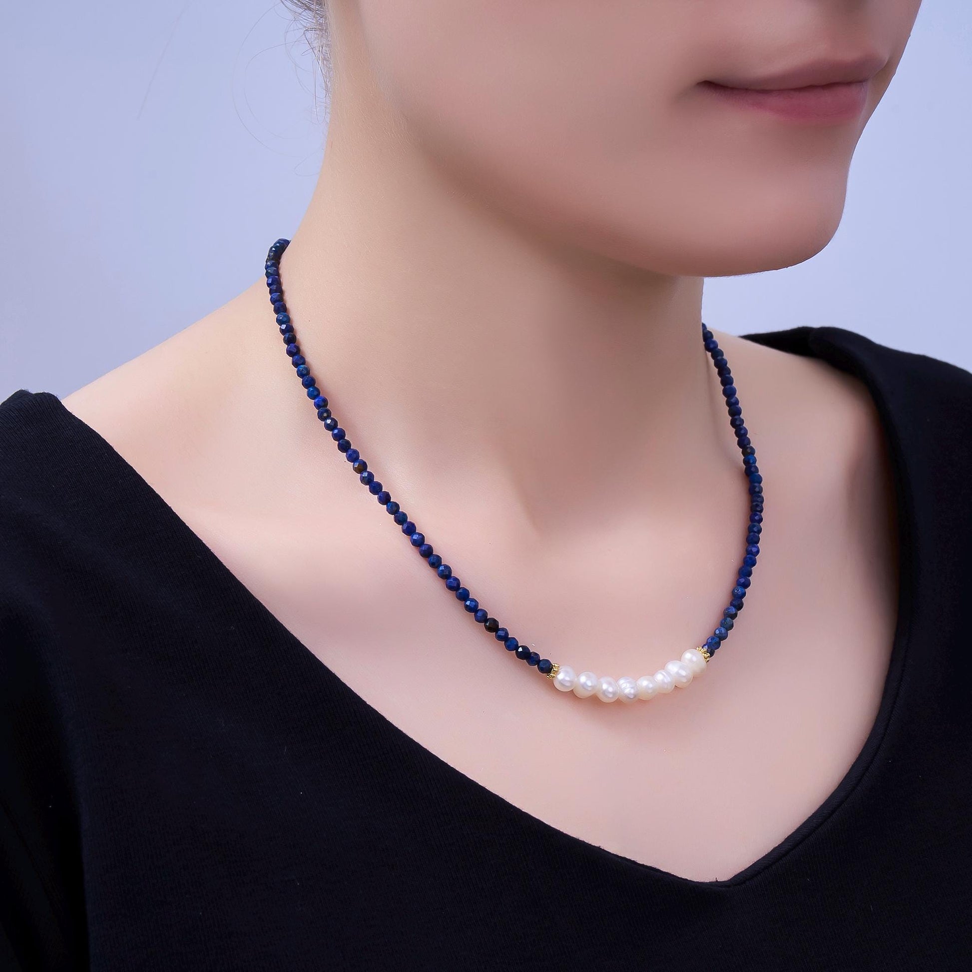 Stainless Steel Freshwater Pearl Lapis Lazuli, Citrine, Amethyst Gemstone 16 Inch Necklace | WA-3040 ~ WA-3042