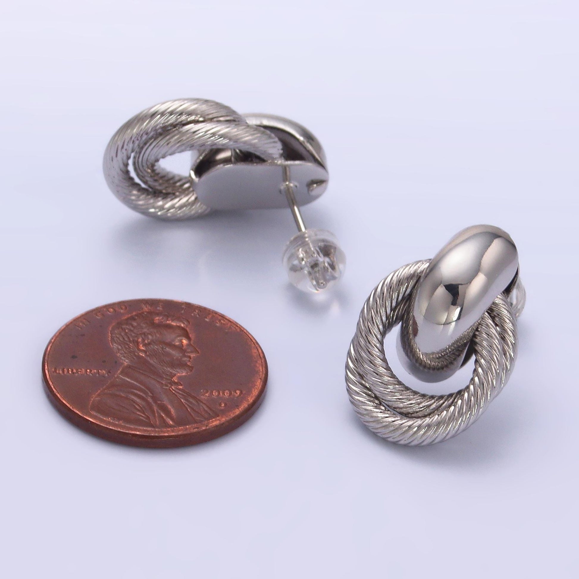 24K Gold Filled Circular Croissant Knot Doorknocker Drop Stud Earrings in Silver | AB744