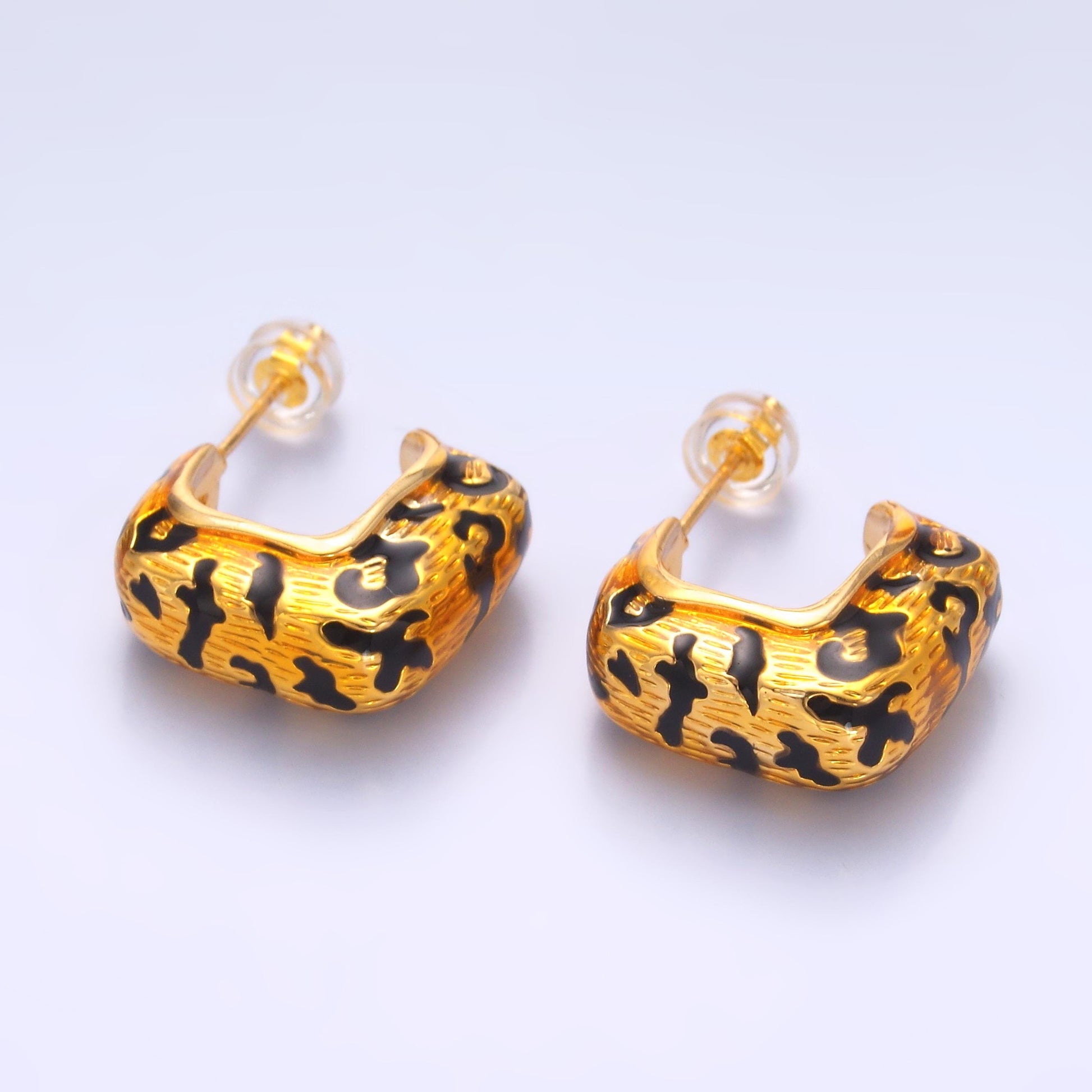 24K Gold Filled Lined Cheetah Print J-Shaped Hoop Earrings | AB784
