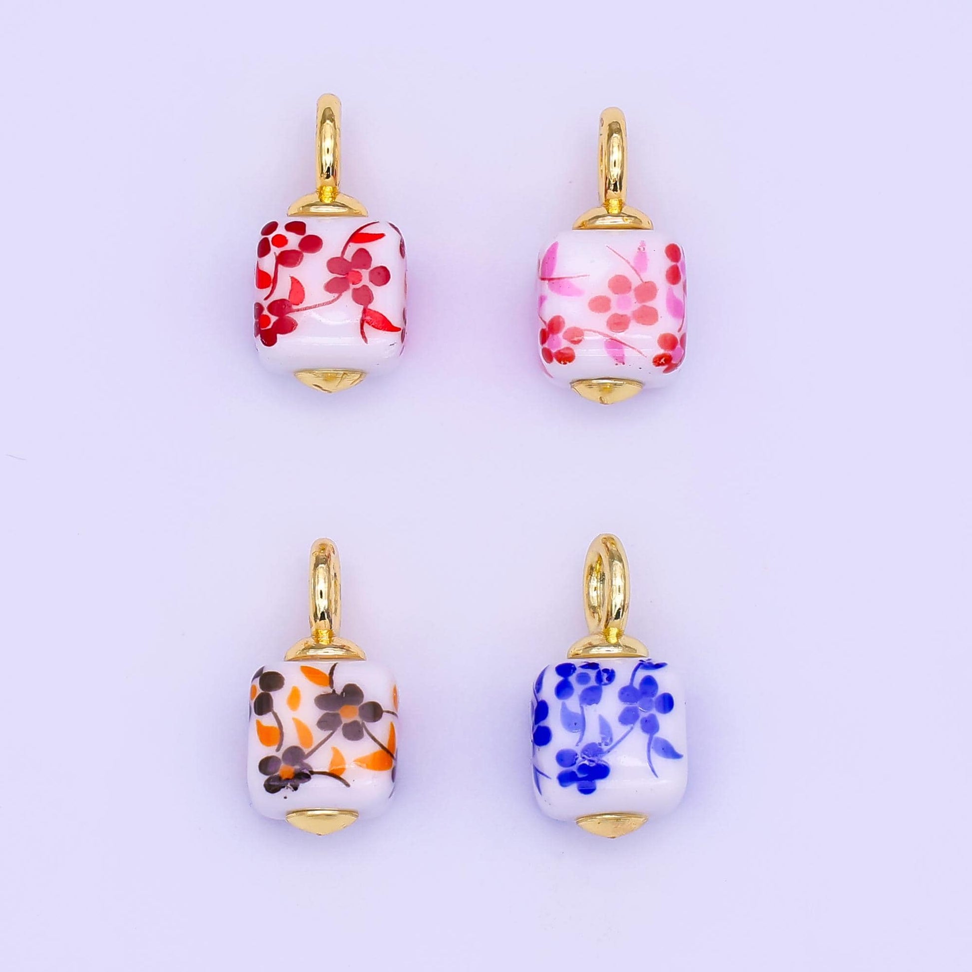 24K Gold Filled Blue, Pink, Brown, Red Daisy Flower Cube Ceramic Drop Pendant | E648 E704