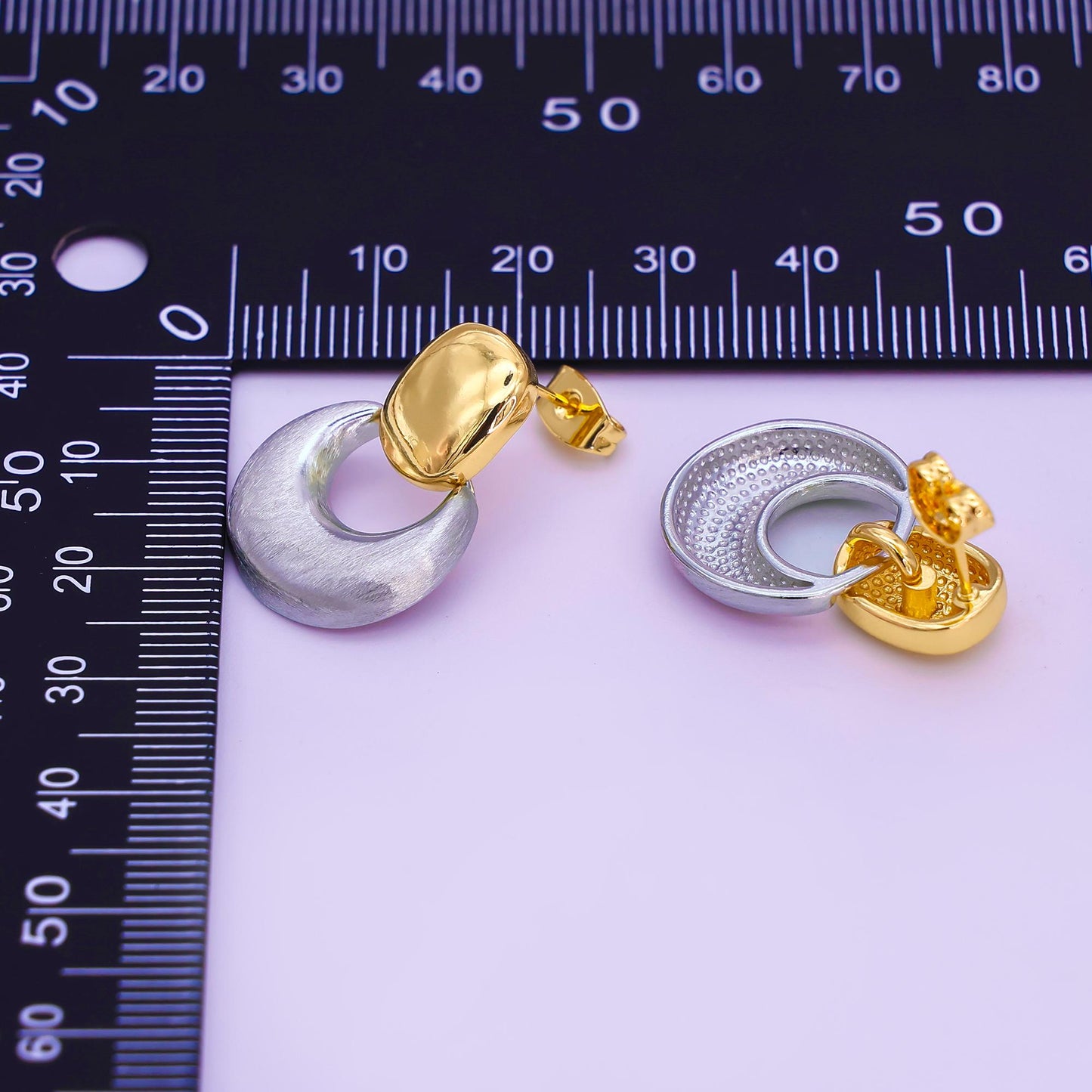 24K Gold Filled Mixed Metal Chubby Door Knocker Drop Stud Earrings | AB885