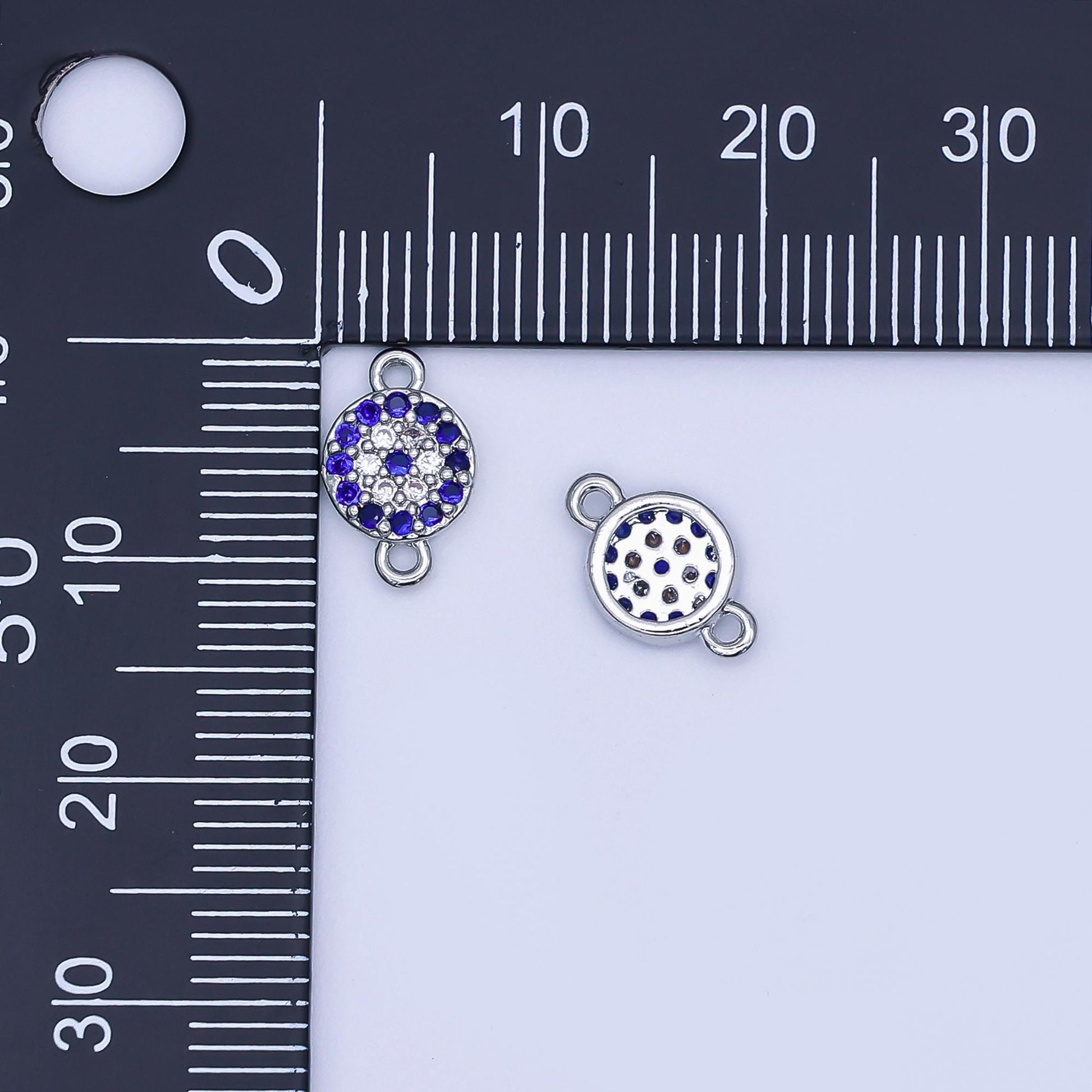 Rhodium Plated Blue Micro Paved CZ Evil Eye 7mm Round Mini Connector | Y029