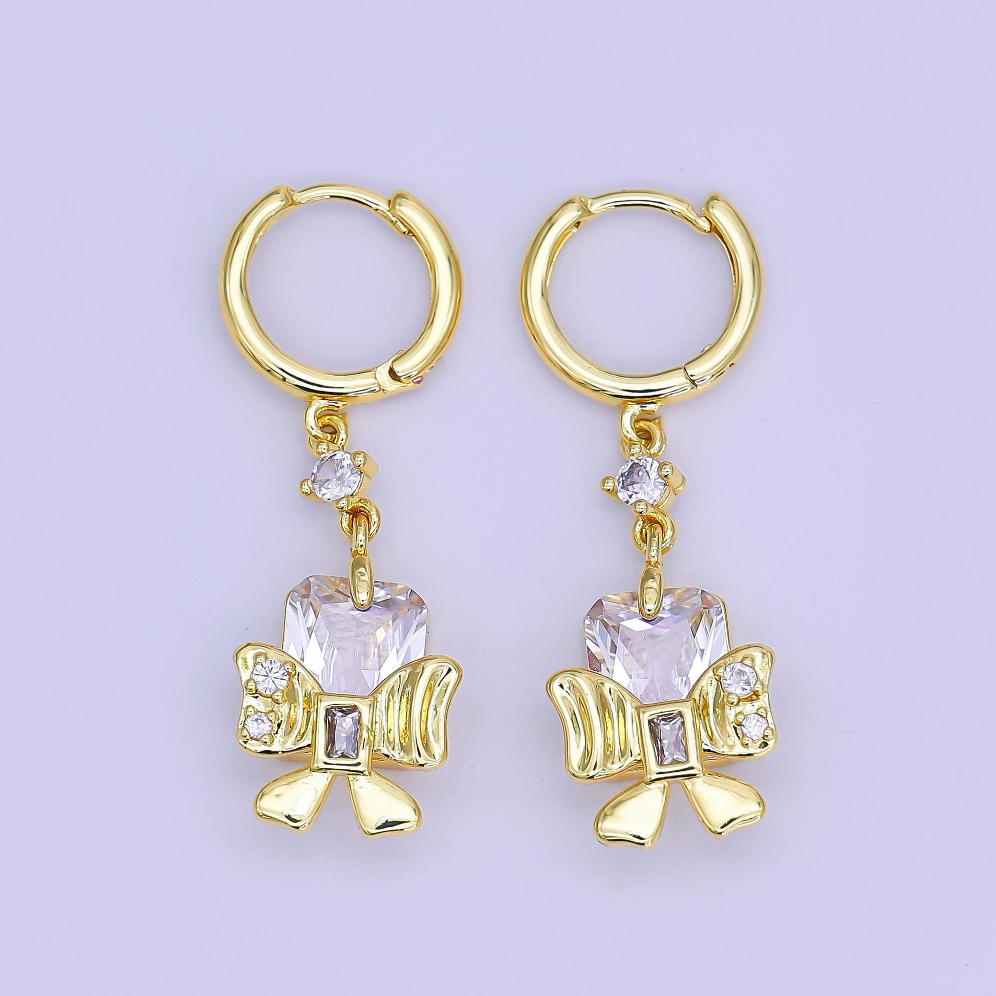 24K Gold Filled Baguette CZ Ribbon Bow Drop Huggie Earrings | AI444