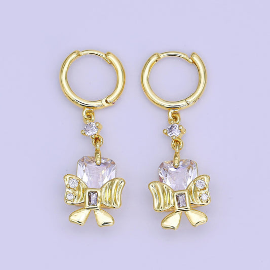 24K Gold Filled Baguette CZ Ribbon Bow Drop Huggie Earrings | AI444