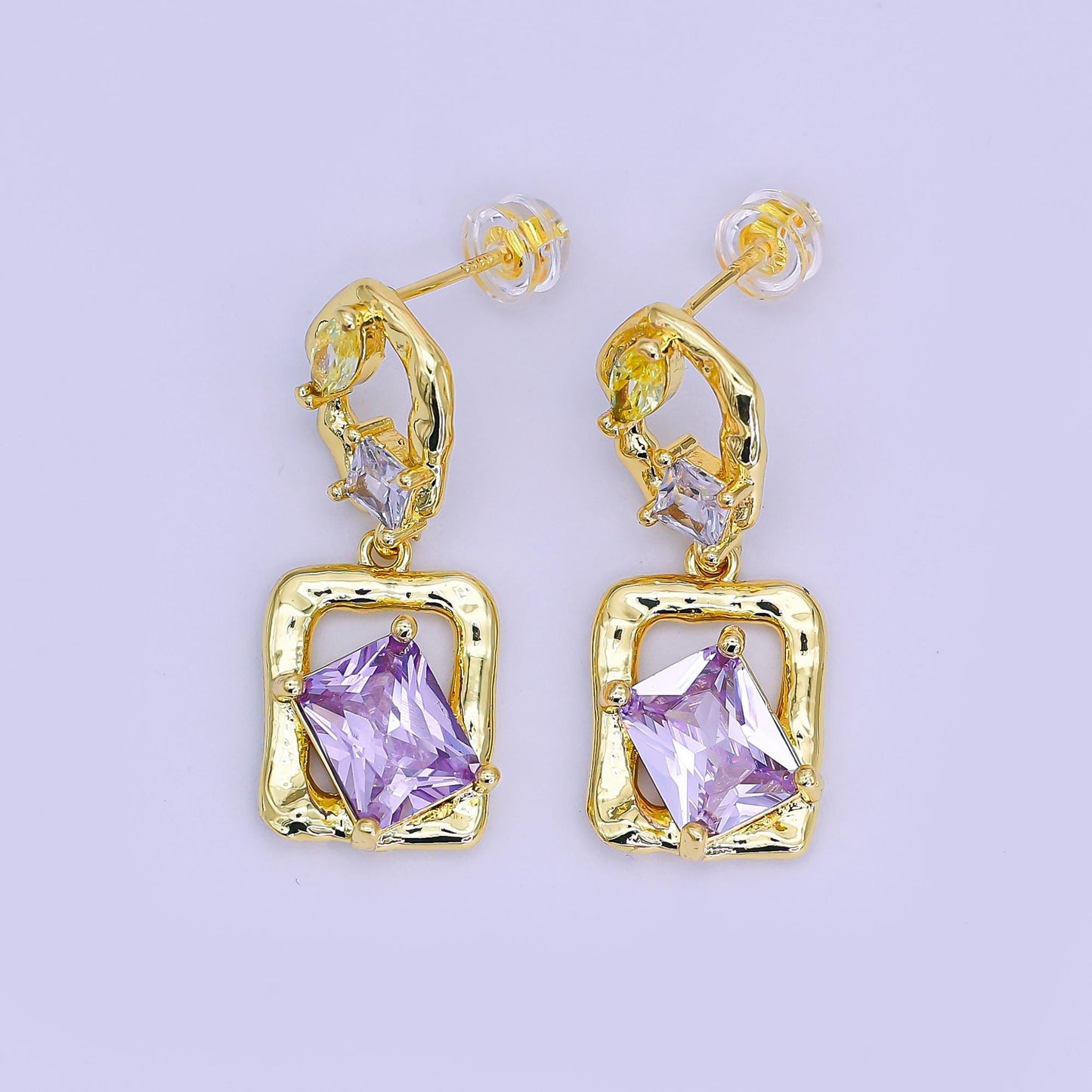 24K Gold Filled Yellow Purple Baguette Molten Geometric Drop Stud Earrings | AI441