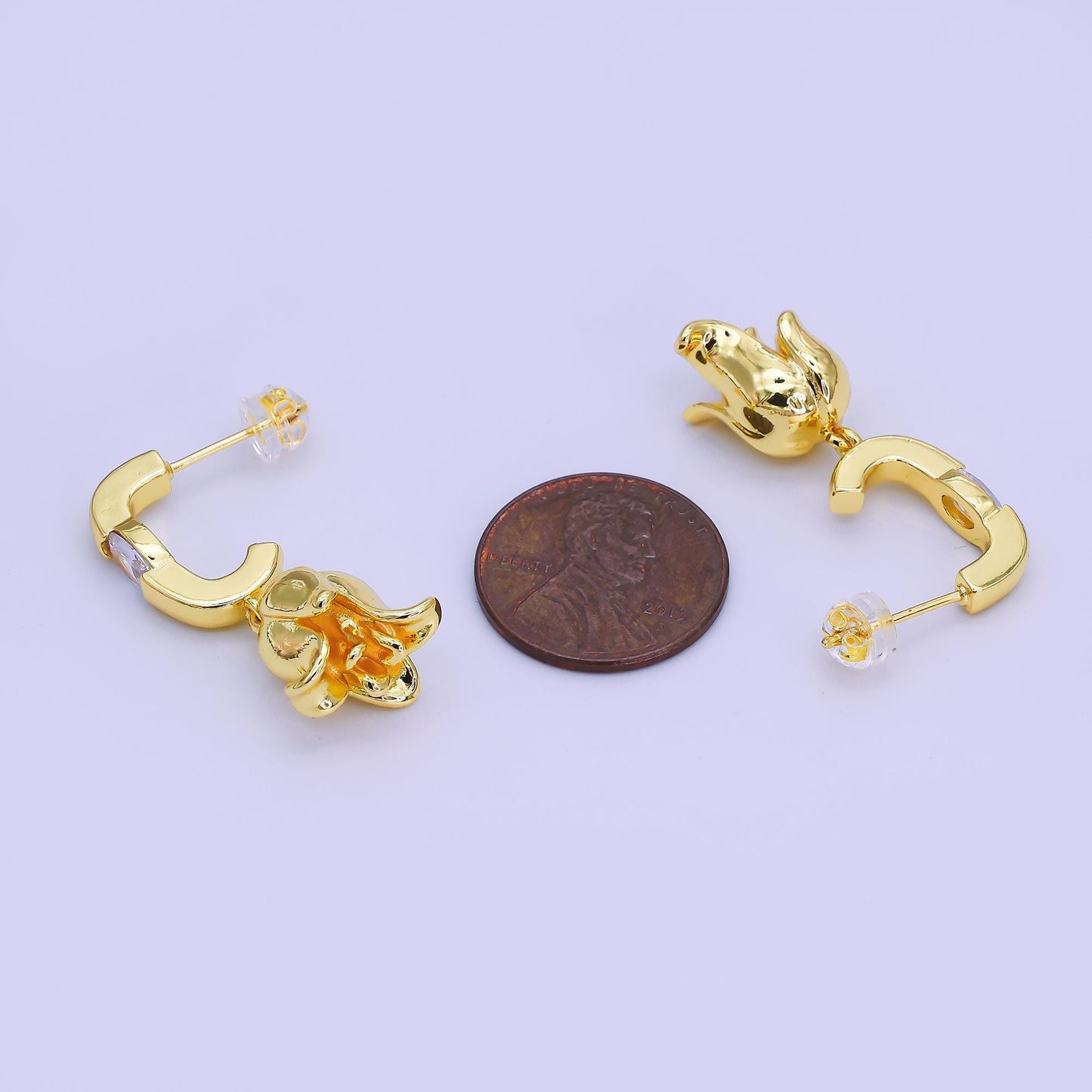 24K Gold Filled Oval CZ Flower J-Shaped Drop Hoop Earrings | AI443