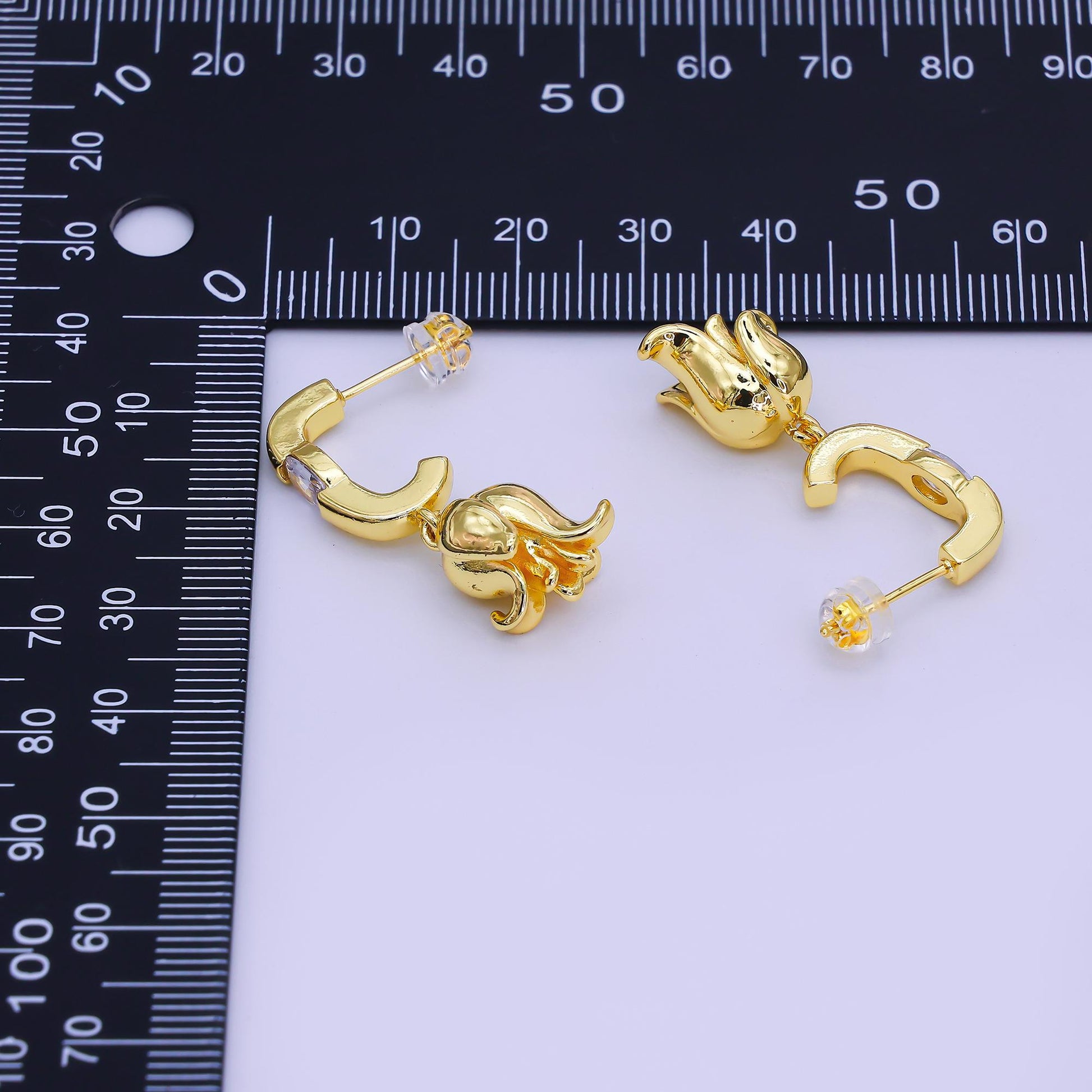 24K Gold Filled Oval CZ Flower J-Shaped Drop Hoop Earrings | AI443