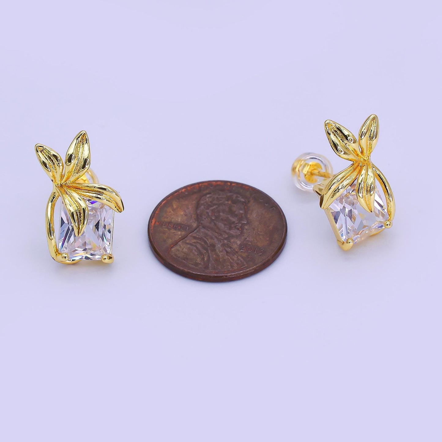 24K Gold Filled Baguette CZ Flower Leaf Stud Earrings | AI440