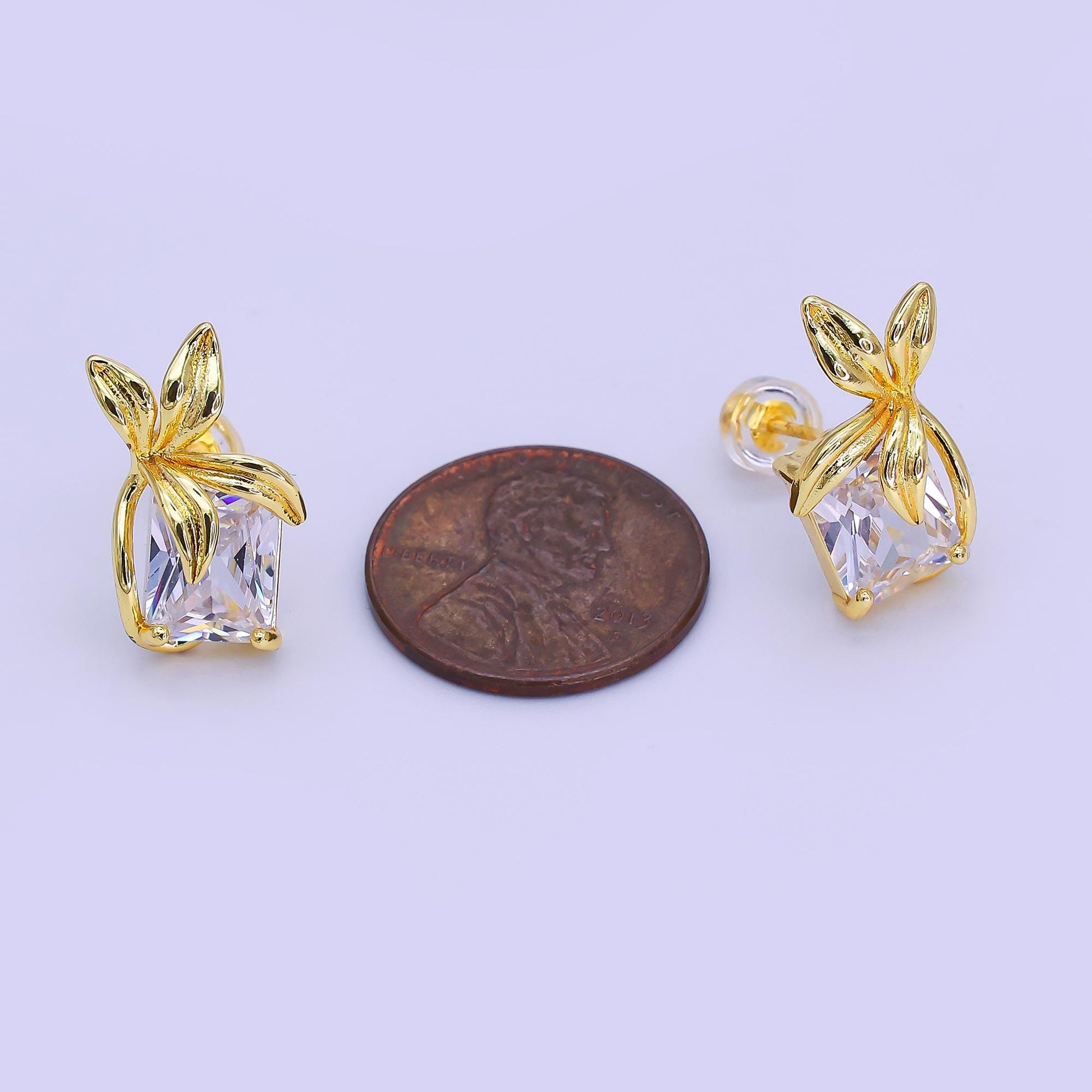 24K Gold Filled Baguette CZ Flower Leaf Stud Earrings | AI440