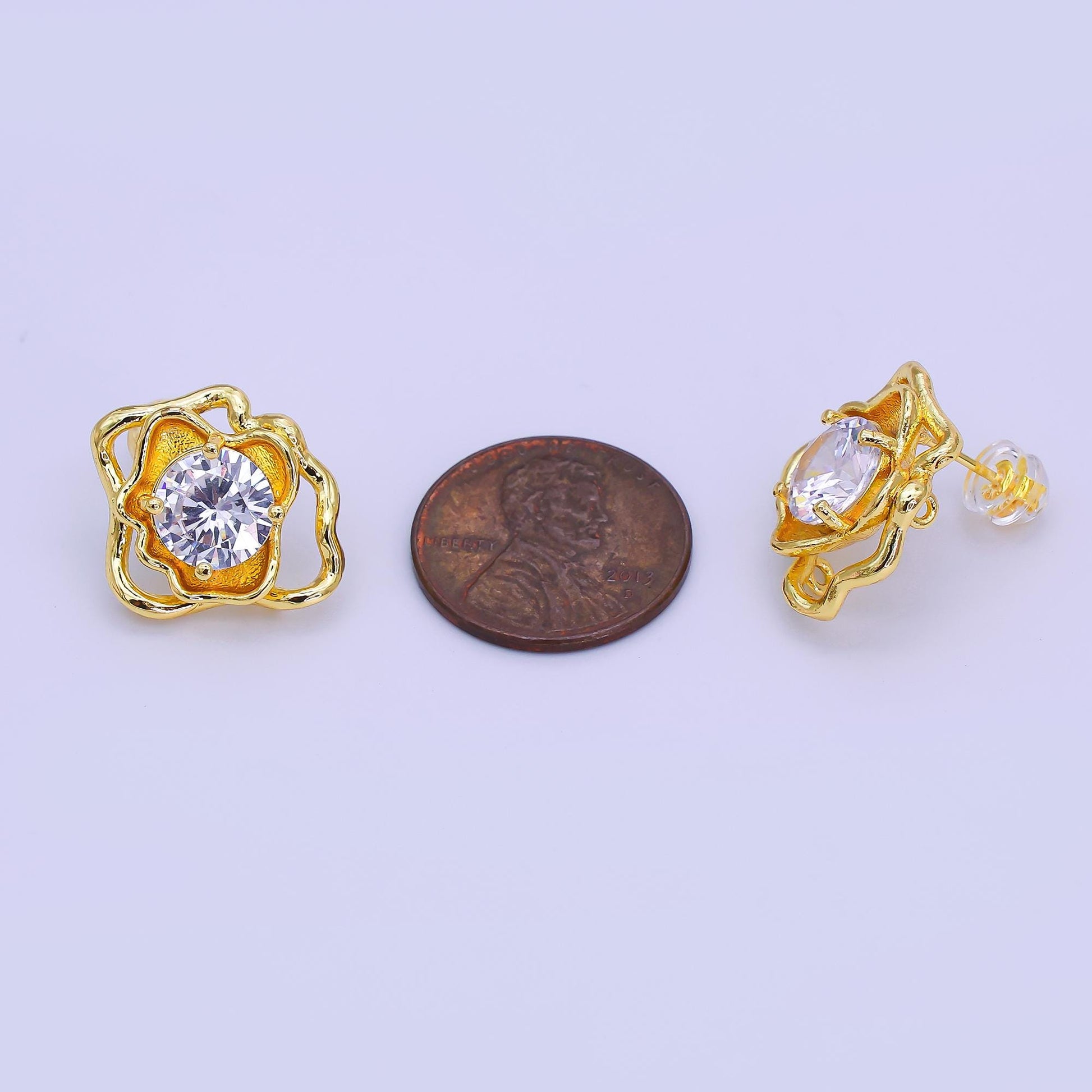 24K Gold Filled Round CZ Molten Drop Stud Earrings Findings | Z1264