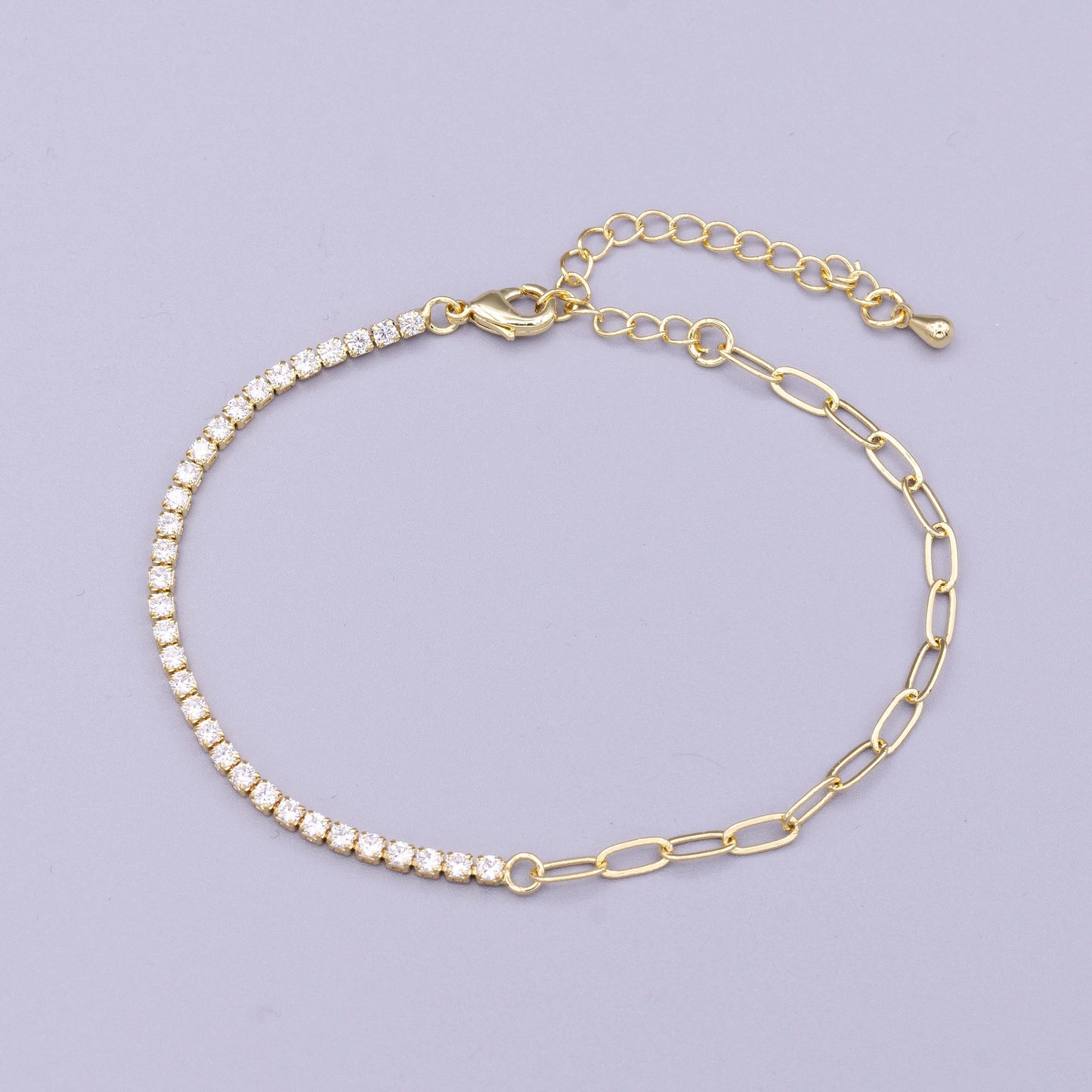 16K Gold Filled 2mm Half Tennis Half Paperclip 7 Inch Chain Bracelet | WA-1809
