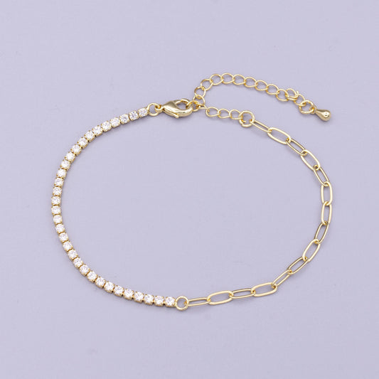 16K Gold Filled 2mm Half Tennis Half Paperclip 7 Inch Chain Bracelet | WA-1809