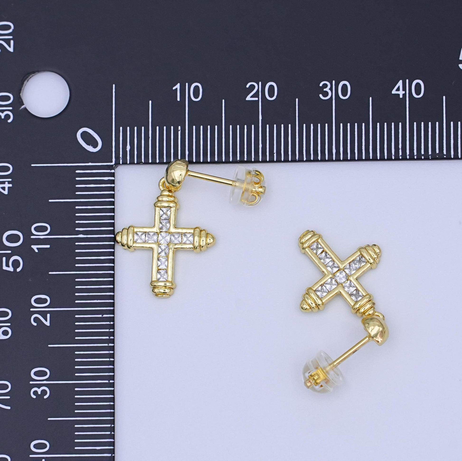 24K Gold Filled Baguette CZ Cross Round Drop Stud Earrings | AI437