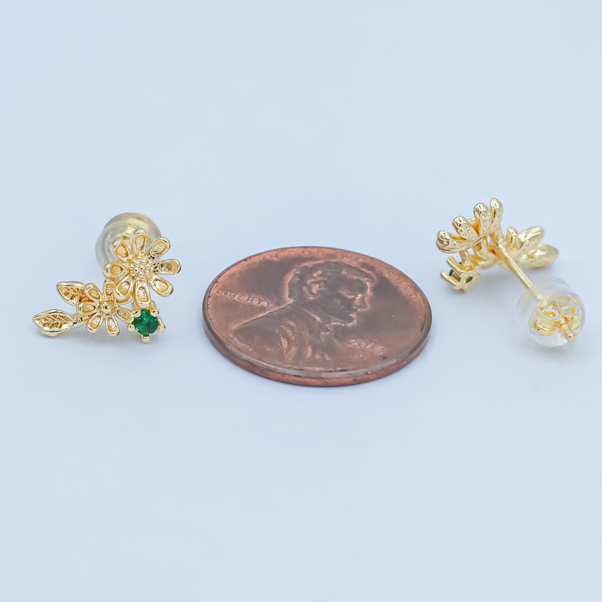 24K Gold Filled Green CZ Flower Leaf Stud Earrings | AI434