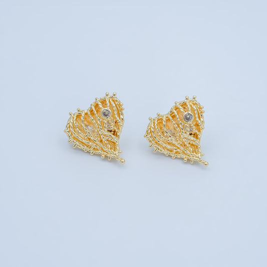 24K Gold Filled Clear CZ Rope Dome Heart Stud Earrings | AI428