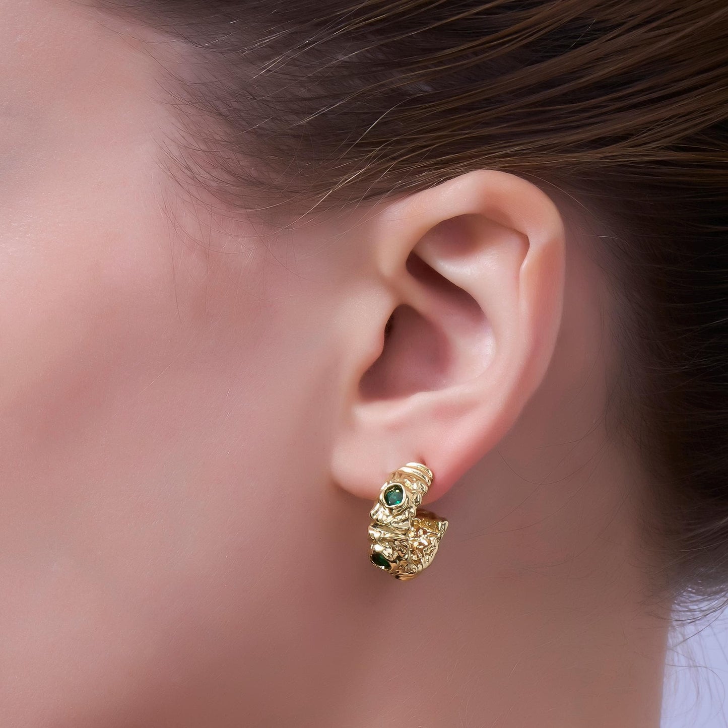24K Gold Filled Green CZ Molten C-Shaped Hoop Earrings | AI435