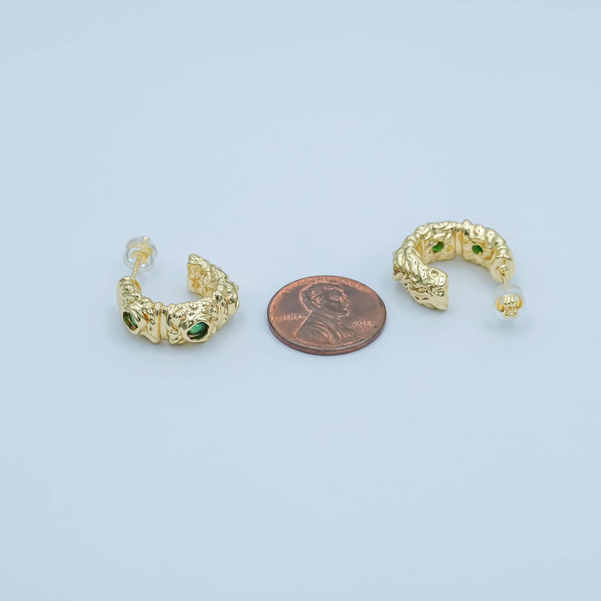 24K Gold Filled Green CZ Molten C-Shaped Hoop Earrings | AI435