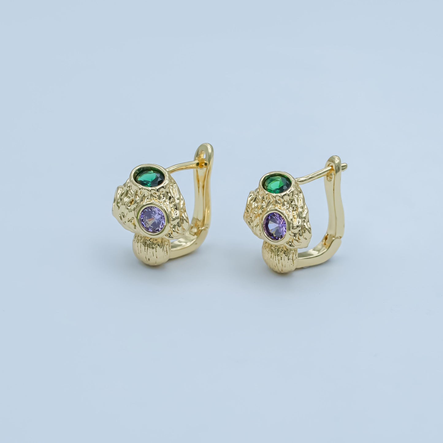 24K Gold Filled Green CZ Molten C-Shaped Hoop Earrings | AI435
