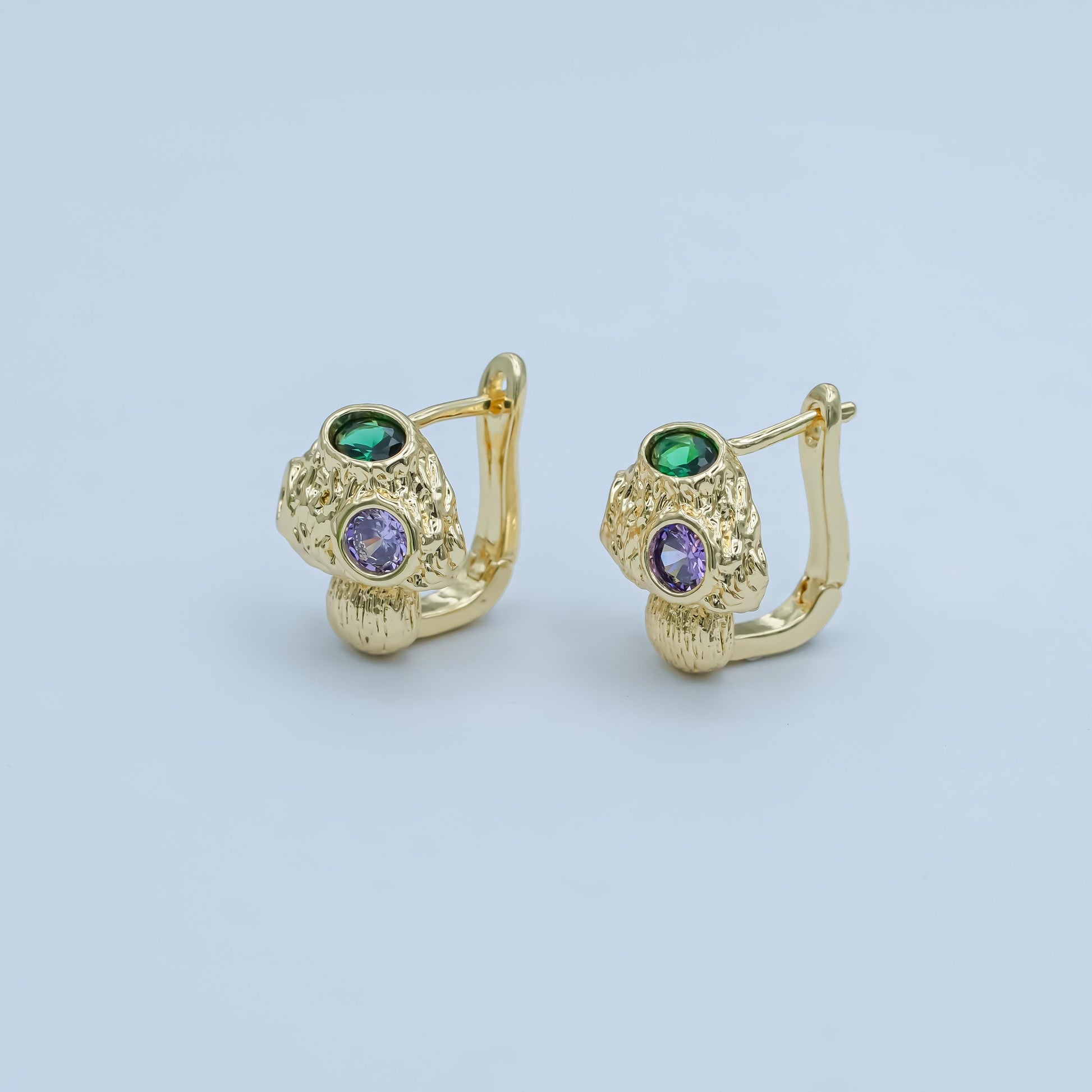 24K Gold Filled Green CZ Molten C-Shaped Hoop Earrings | AI435
