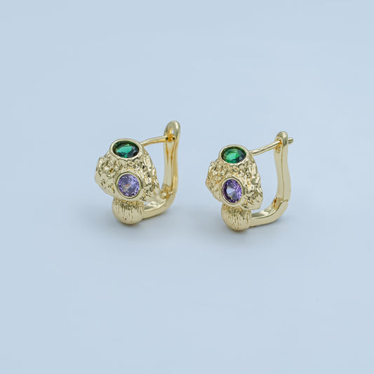 24K Gold Filled Green CZ Molten C-Shaped Hoop Earrings | AI435