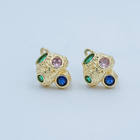 24K Gold Filled Multicolor CZ Hammered Mushroom English Lock Hoop Earrings | AI432