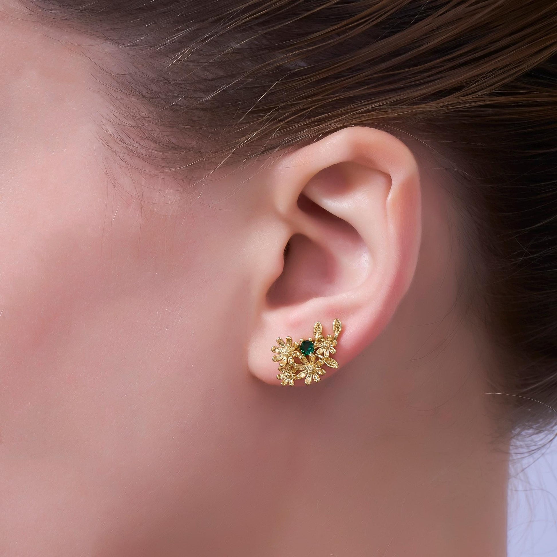 24K Gold Filled Green CZ Multiple Flower Leaf Stud Earrings | AI430