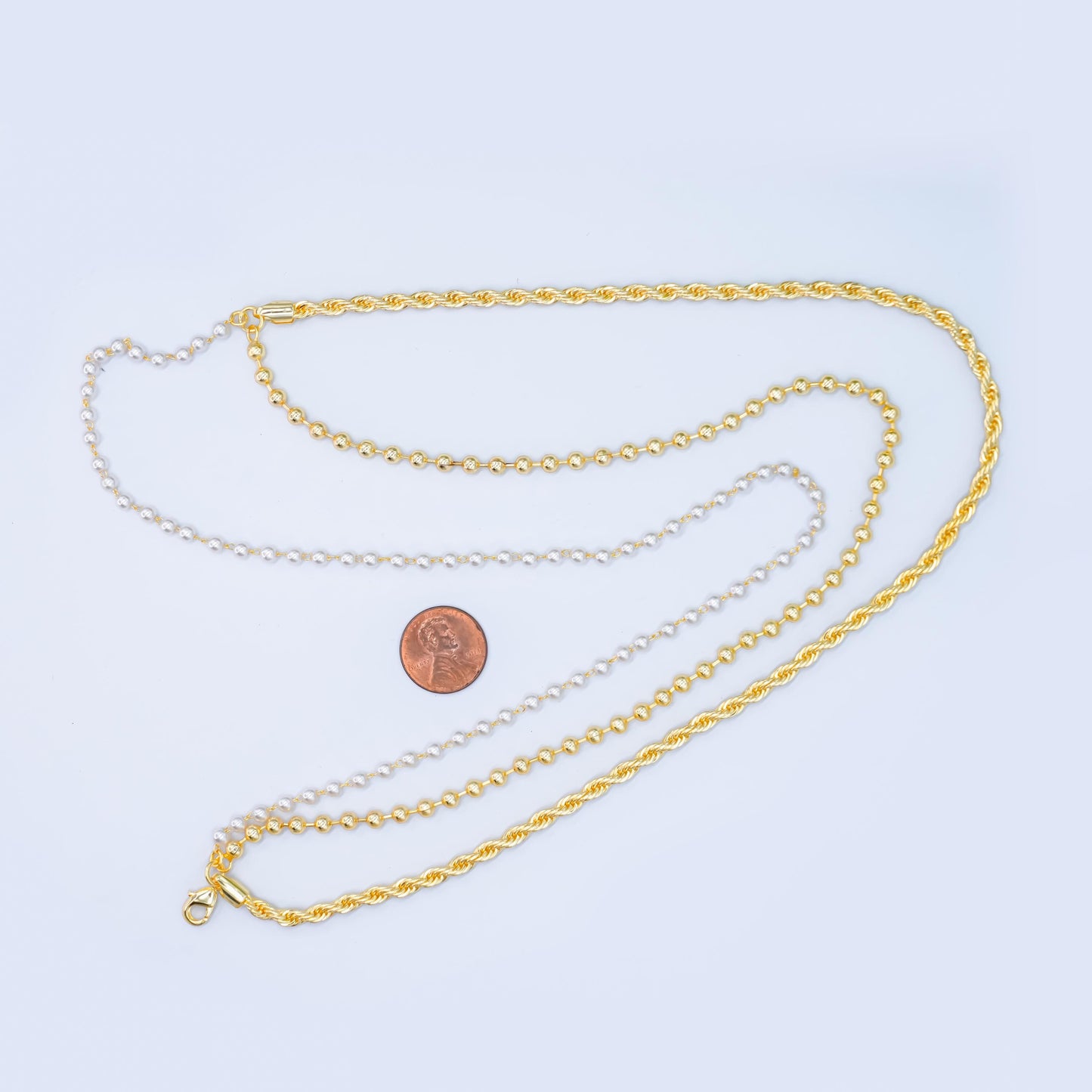 Layer Gold & Pearl Beaded Chain Necklace 24K Gold Filled Rope Chain Mixed Chain Style WA-2858