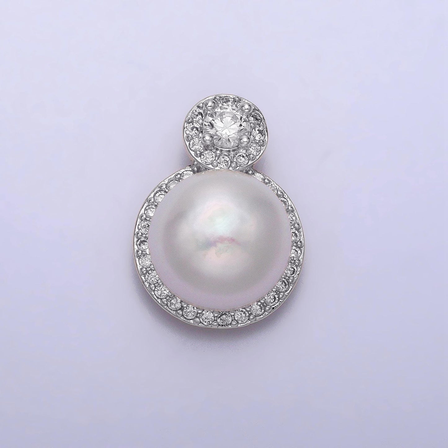White Gold Filled Shell Pearl Round Micro Paved CZ Pendant | P1571