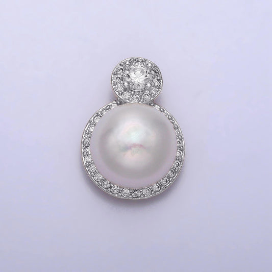 White Gold Filled Shell Pearl Round Micro Paved CZ Pendant | P1571