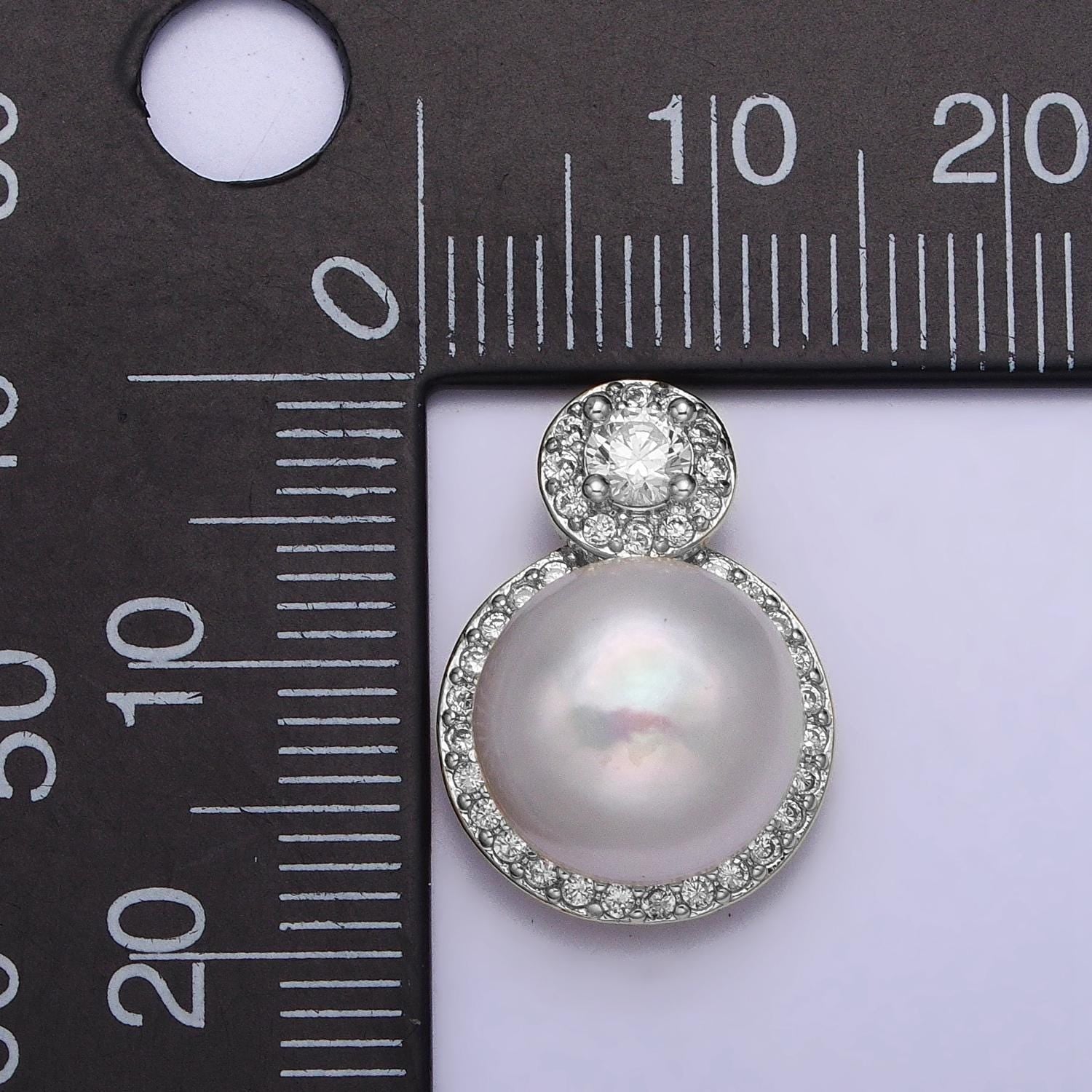 White Gold Filled Shell Pearl Round Micro Paved CZ Pendant | P1571