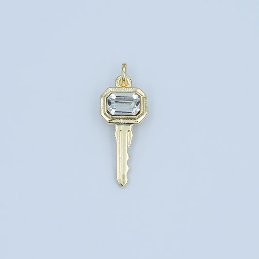 24K Gold Filled Clear CZ Baguette Vintage Key Charm | N031