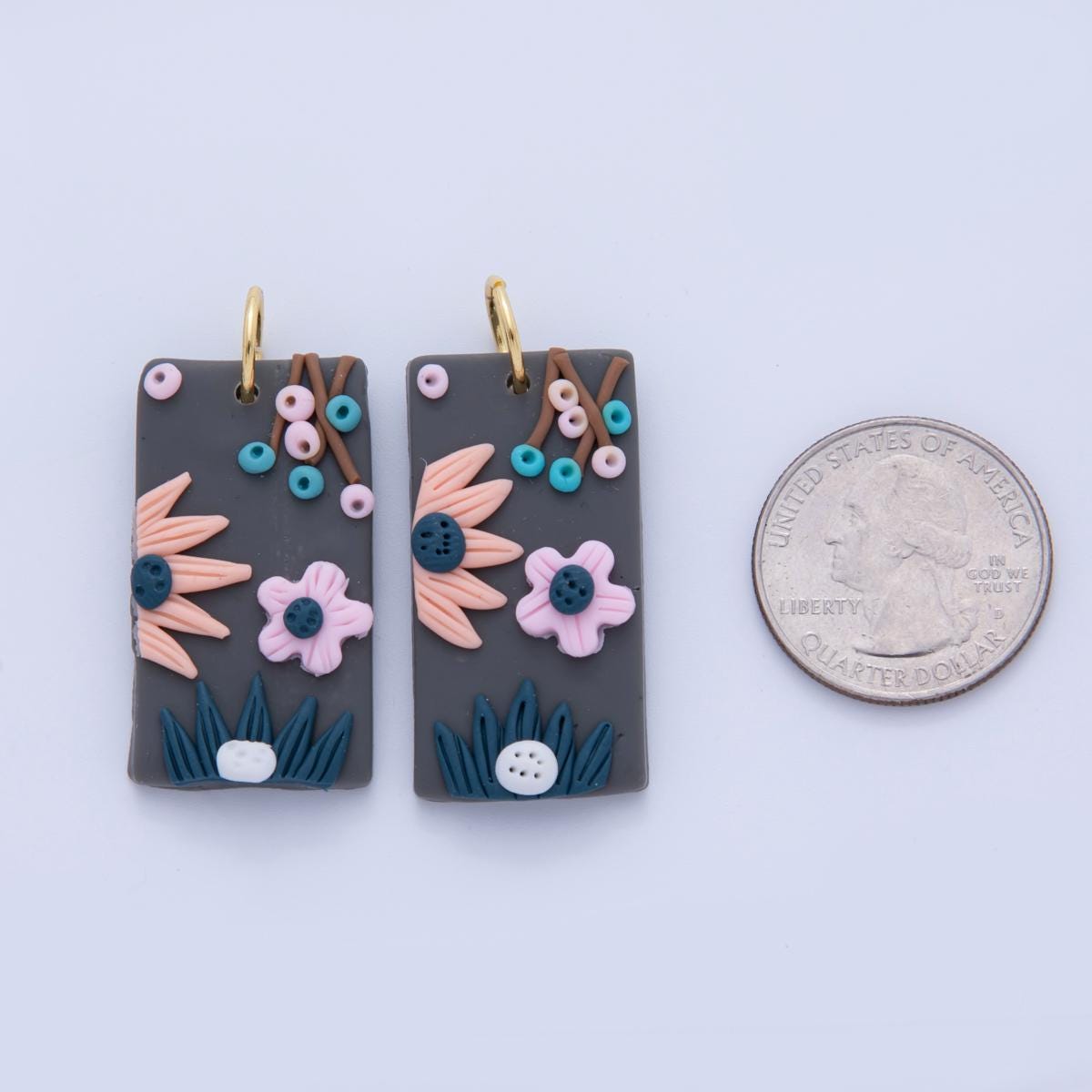 Floral Polymer Clay Earring Charms – Handmade Rectangle Dangle Charms with 3D Flower Design, Colorful Boho Earring Necklace Supply AF-32