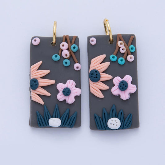 Floral Polymer Clay Earring Charms – Handmade Rectangle Dangle Charms with 3D Flower Design, Colorful Boho Earring Necklace Supply AF-32