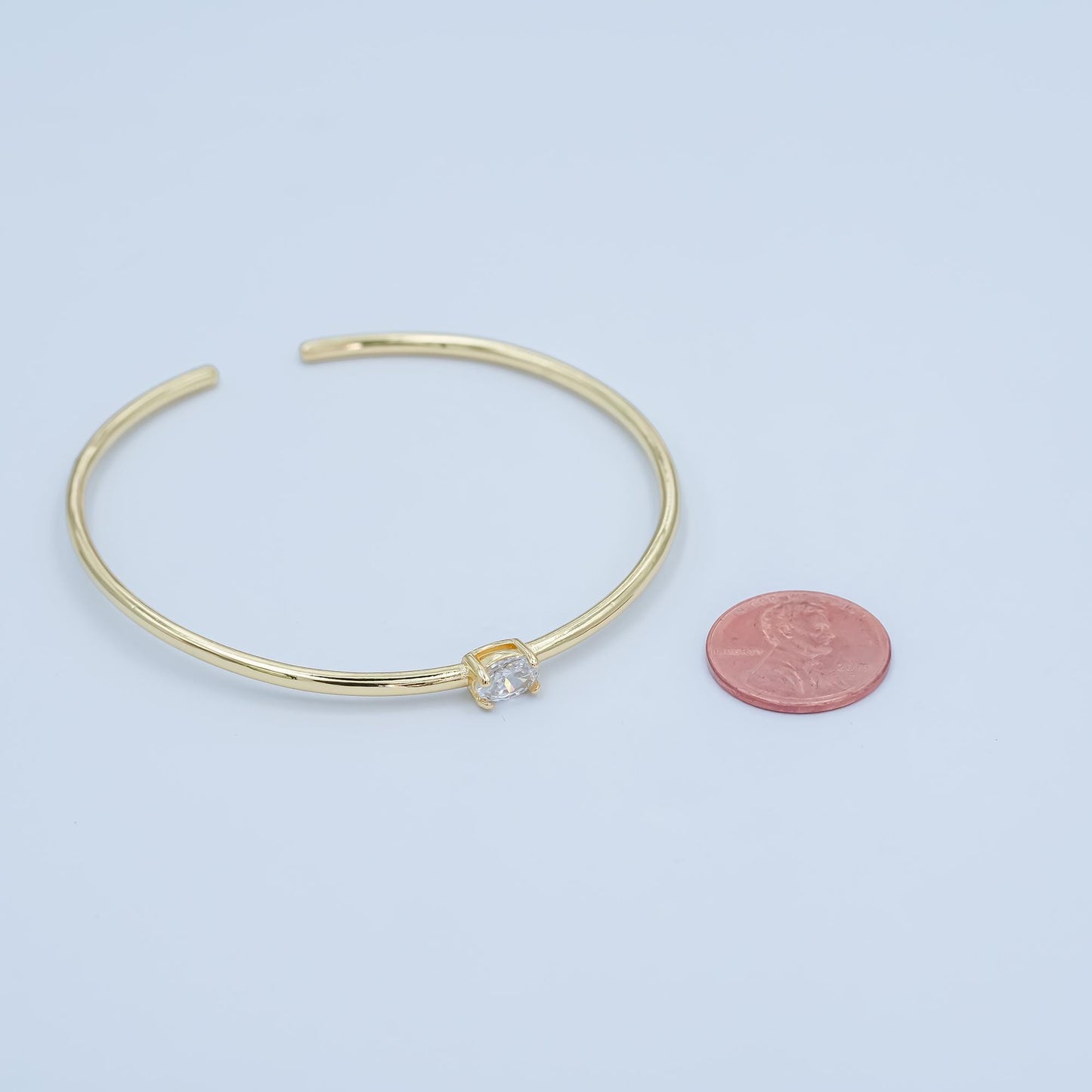 24K Gold Filled Clear Oval CZ Solitaire Cuff Bracelet | WA-3043