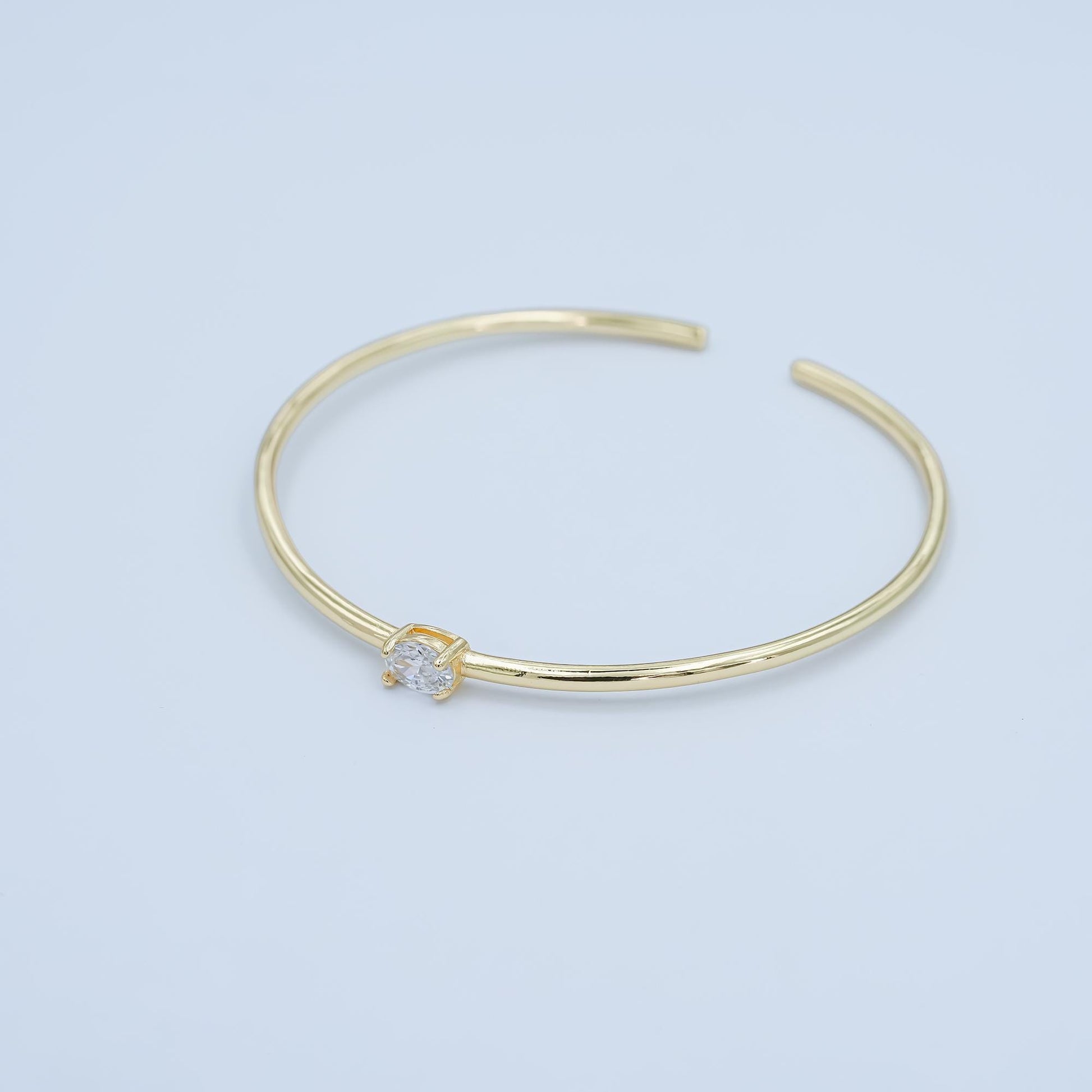 24K Gold Filled Clear Oval CZ Solitaire Cuff Bracelet | WA-3043