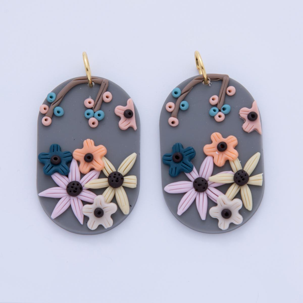 Whimsical Garden Floral Charms – Handmade Polymer Clay Oval Dangle – Pastel Boho Earring Components – Spring Jewelry DIY Supply AF-365