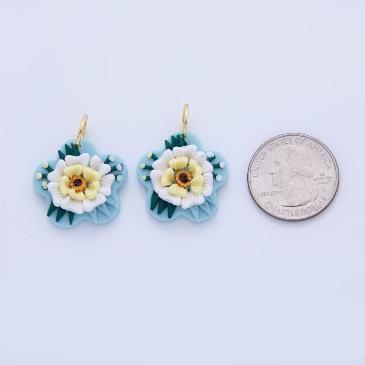Handmade Floral Clay Charms – Blue Flower Drop with White & Yellow 3D Bloom – Polymer Clay Earring Dangle Necklace Charm Supply AF-367