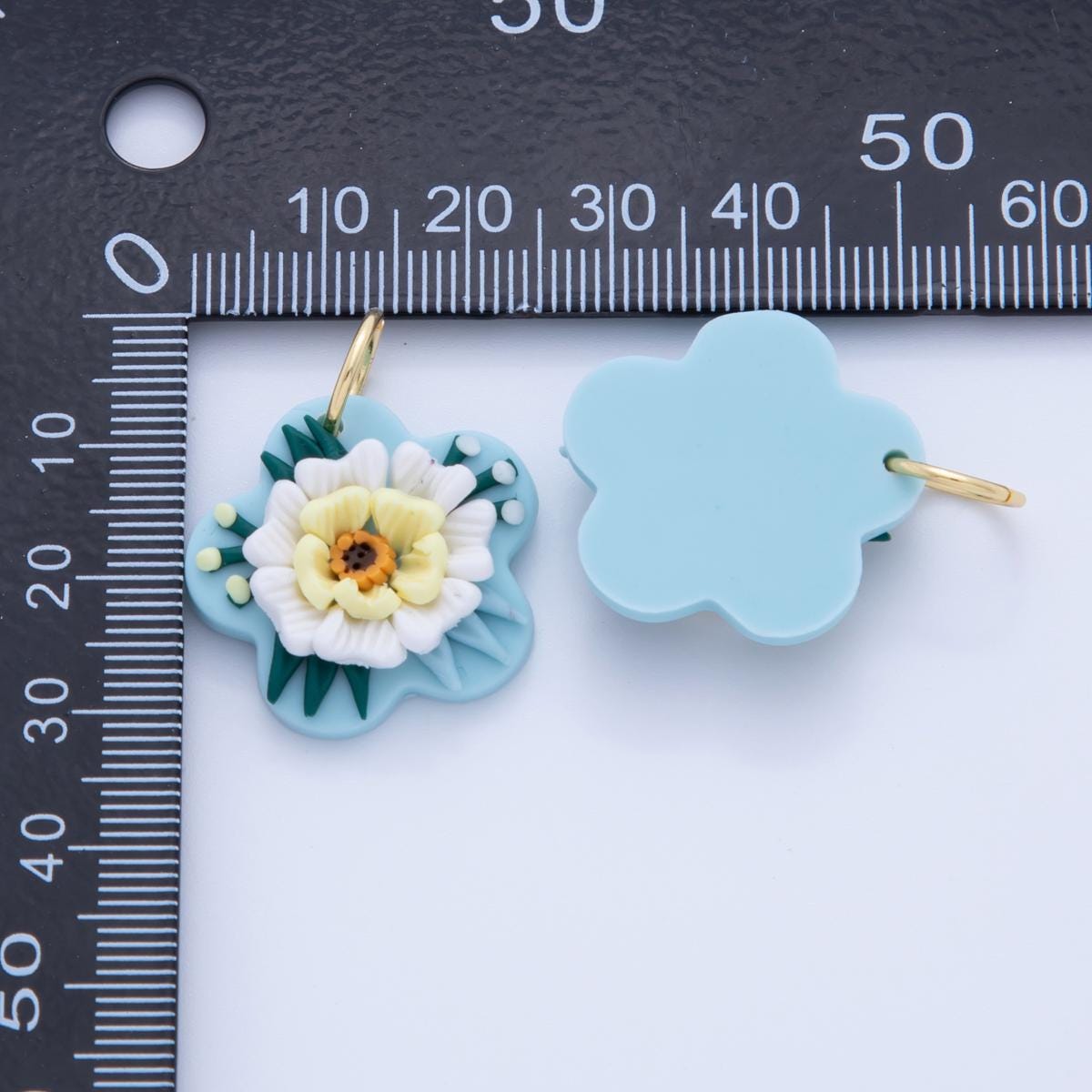 Handmade Floral Clay Charms – Blue Flower Drop with White & Yellow 3D Bloom – Polymer Clay Earring Dangle Necklace Charm Supply AF-367